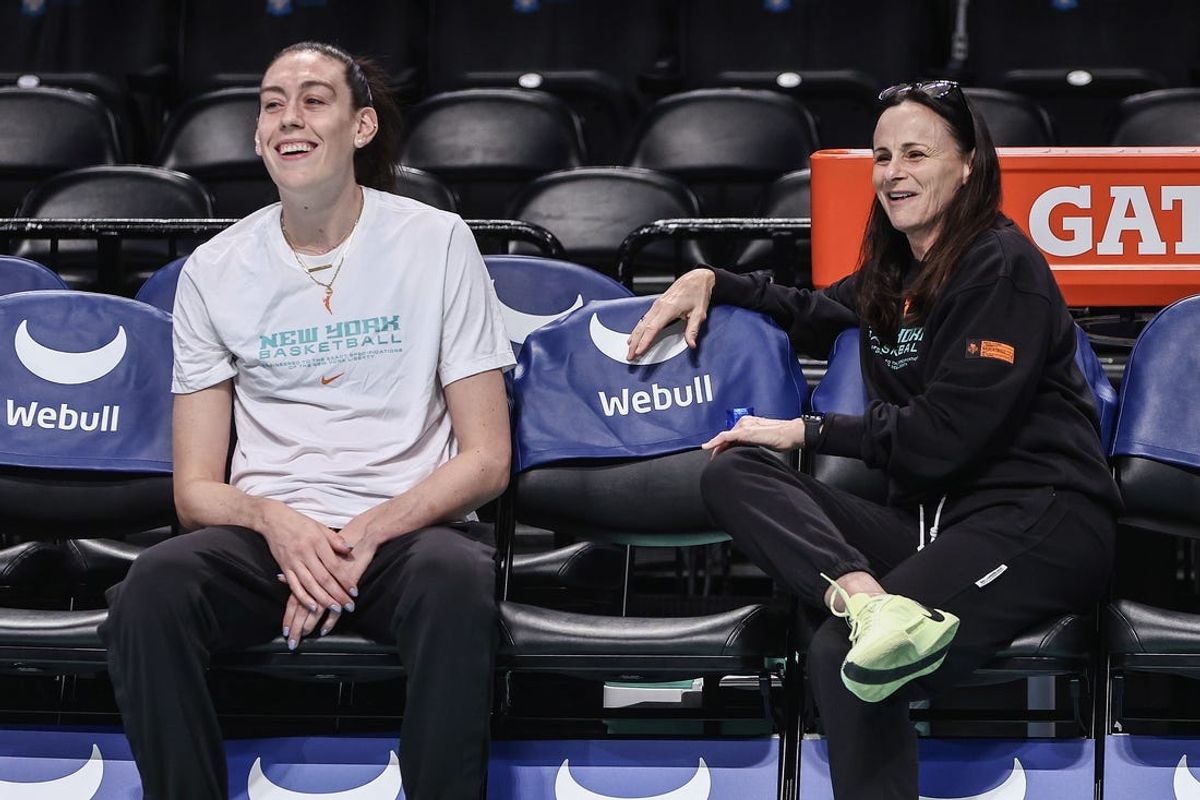 May 23, 2024; Brooklyn, New York, USA; New York Liberty forward Breanna Stewart (30) talks with head coach Sandy Brondello prior to the game against the Chicago Sky at Barclays Center. Mandatory Credit: Wendell Cruz-USA TODAY Sports