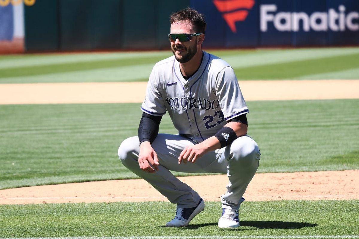 May 23, 2024; Oakland, California, USA; Colorado Rockies first baseman Kris Bryant (23) after the tenth inning against the Oakland Athletics at Oakland-Alameda County Coliseum. Mandatory Credit: Kelley L Cox-USA TODAY Sports