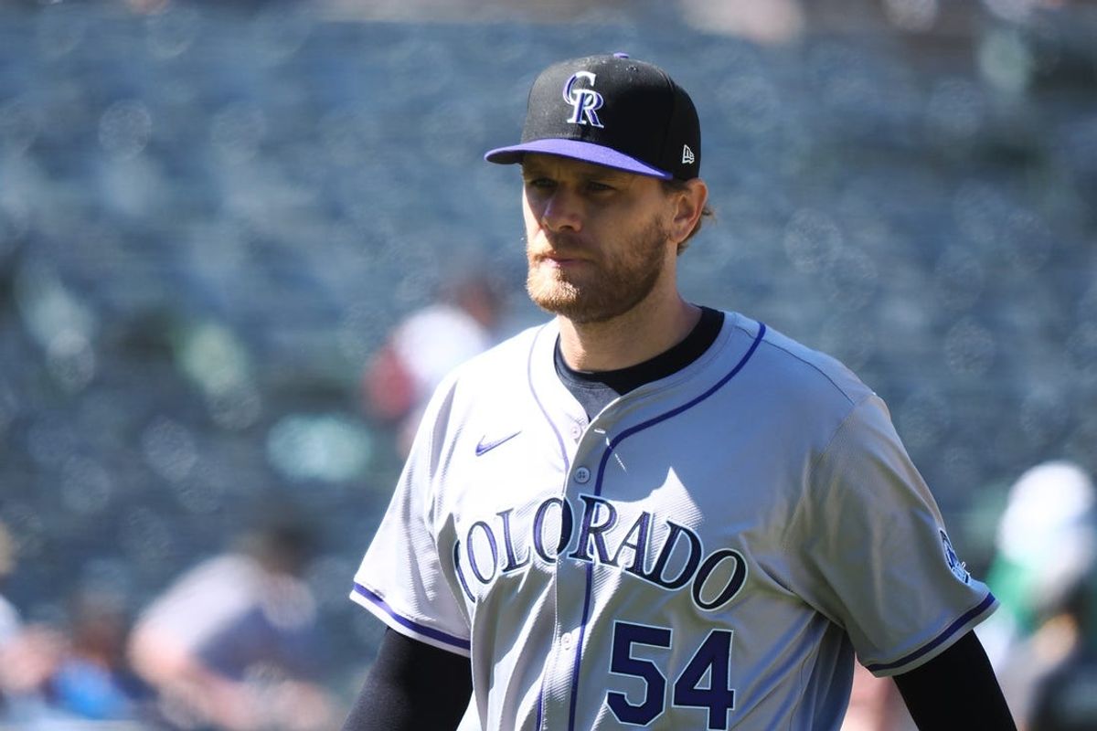 May 23, 2024; Oakland, California, USA; Colorado Rockies relief pitcher Matt Koch (54) leaves the game against the Oakland Athletics during the eleventh inning at Oakland-Alameda County Coliseum. Mandatory Credit: Kelley L Cox-USA TODAY Sports