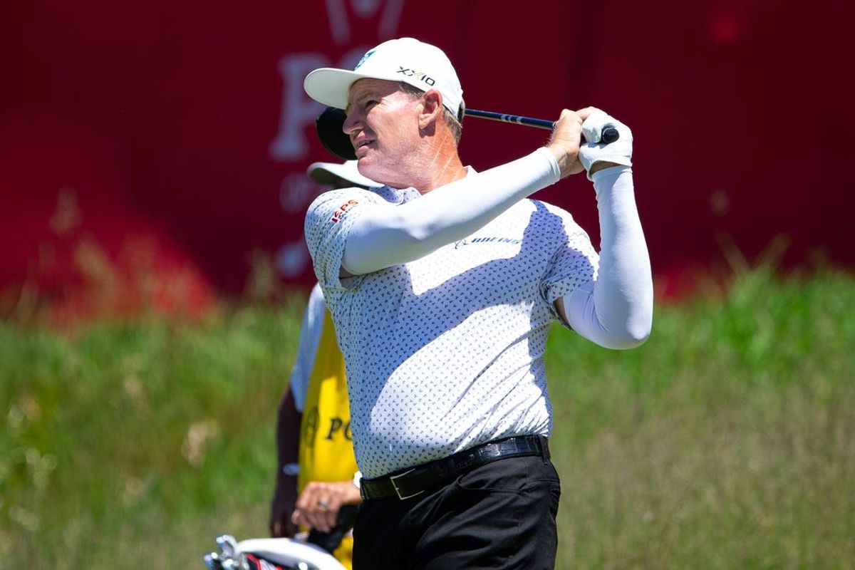 Ernie Els plays his tee shot for the 18th hole during the first round of the 2024 KitchenAid Senior PGA Championship at Harbor Shores Golf Club on Thursday, May 23, 2024, in Benton Harbor, MI.