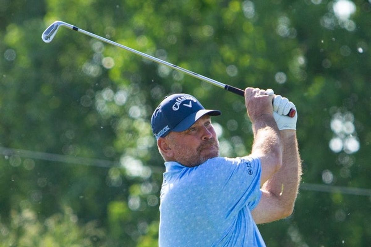 Thomas Bjorn plays his second shot on the sixth hole during the first round of the 2024 KitchenAid Senior PGA Championship at Harbor Shores Golf Club on Thursday, May 23, 2024, in Benton Harbor, MI.