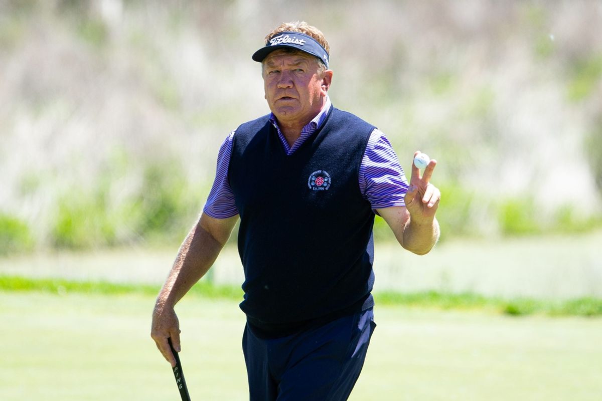 Paul Broadhurst acknowledges the crowd after making his putt on the 16th green during the first round of the 2024 KitchenAid Senior PGA Championship at Harbor Shores Golf Club on Thursday, May 23, 2024, in Benton Harbor, MI.
