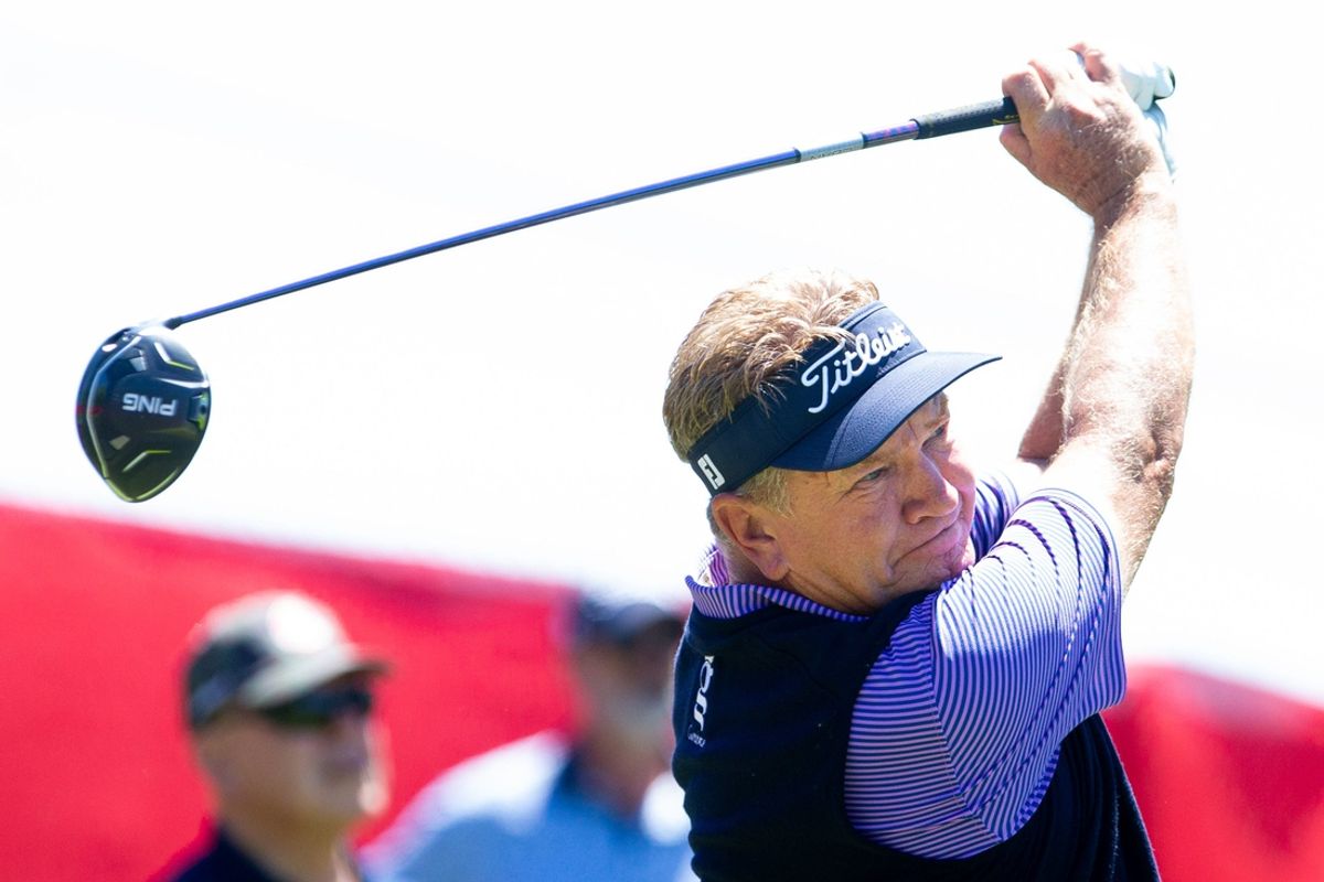 Paul Broadhurst plays his tee shot for the 18th hole during the first round of the 2024 KitchenAid Senior PGA Championship at Harbor Shores Golf Club on Thursday, May 23, 2024, in Benton Harbor, MI.
