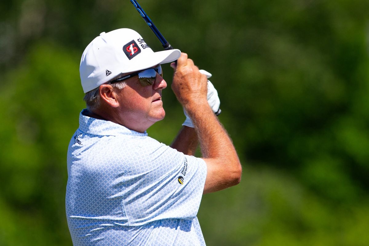 Ken Duke plays his tee shot for the eighth hole during the first round of the 2024 KitchenAid Senior PGA Championship at Harbor Shores Golf Club on Thursday, May 23, 2024, in Benton Harbor, MI.
