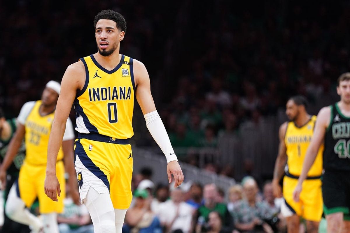 May 23, 2024; Boston, Massachusetts, USA; Indiana Pacers guard Tyrese Haliburton (0) reacts against the Boston Celtics in the first half during game two of the eastern conference finals for the 2024 NBA playoffs at TD Garden. Mandatory Credit: David Butler II-USA TODAY Sports