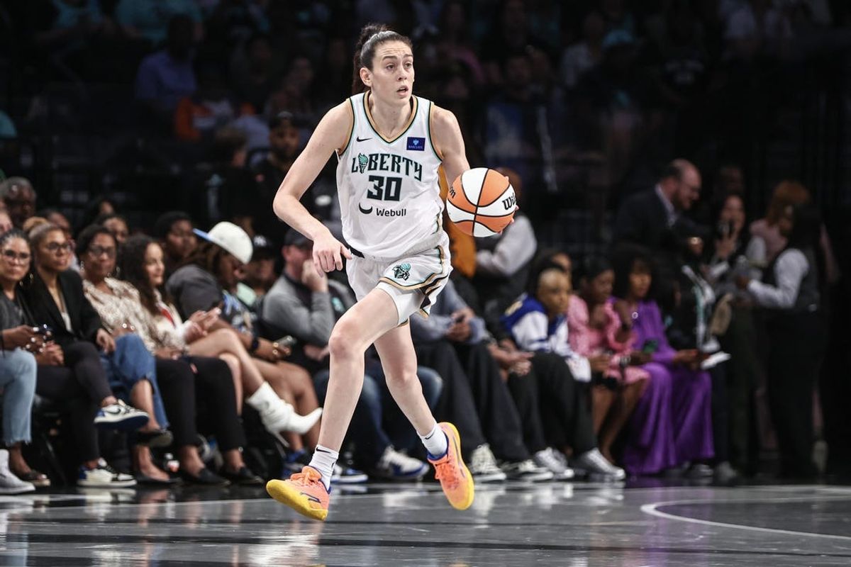 May 23, 2024; Brooklyn, New York, USA;  New York Liberty forward Breanna Stewart (30) brings the ball up court in the second quarter against the Chicago Sky at Barclays Center. Mandatory Credit: Wendell Cruz-USA TODAY Sports