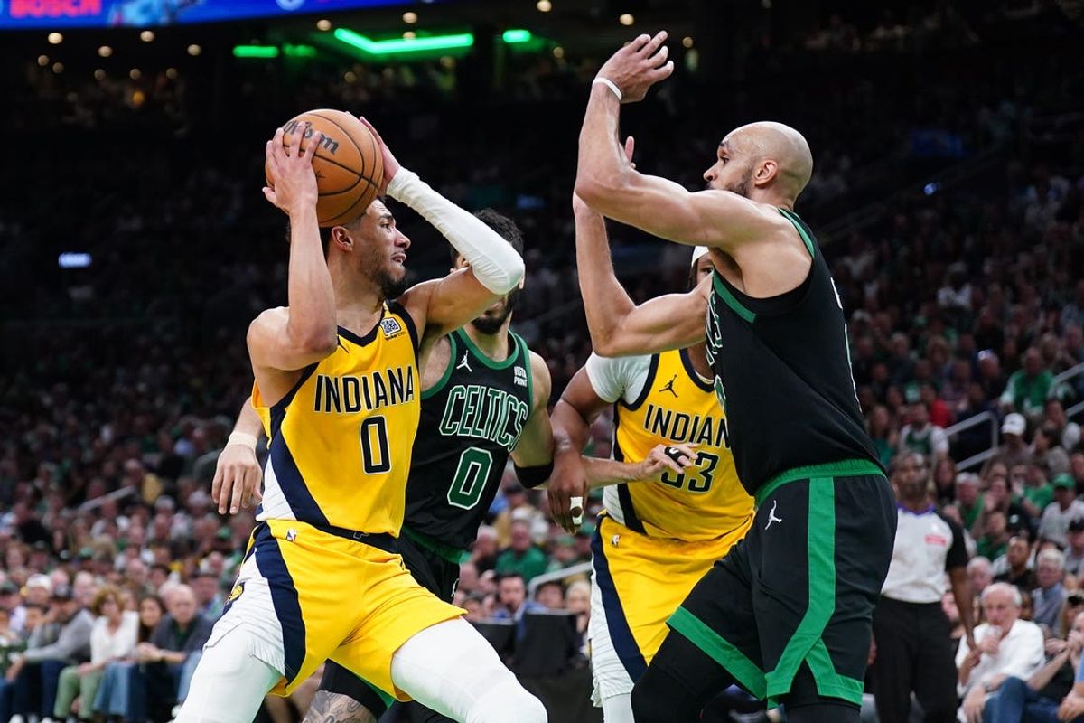 May 23, 2024; Boston, Massachusetts, USA; Indiana Pacers guard Tyrese Haliburton (0) attempts to shoot the ball against the Boston Celtics in the second half during game two of the eastern conference finals for the 2024 NBA playoffs at TD Garden. Mandatory Credit: David Butler II-USA TODAY Sports