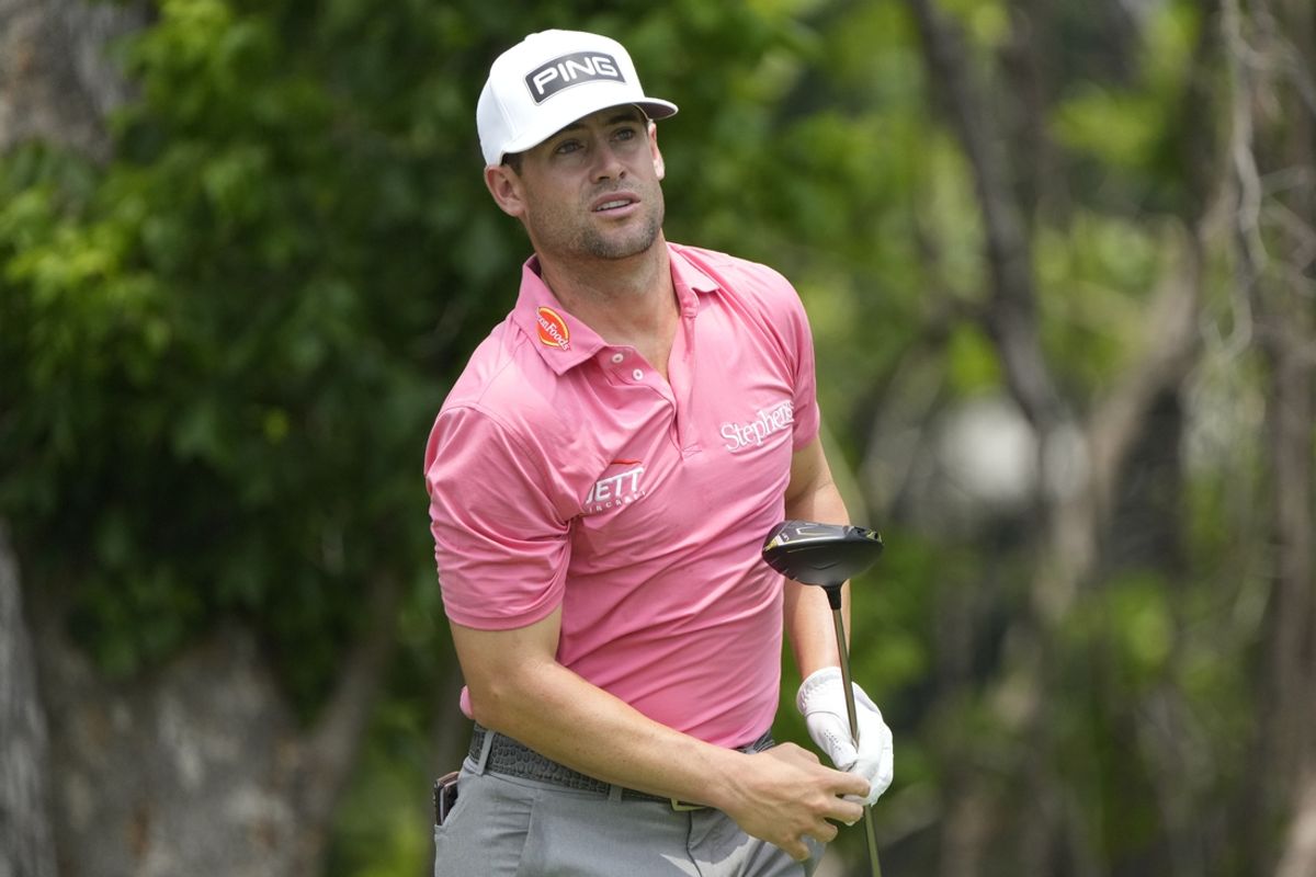 May 24, 2024; Fort Worth, Texas, USA; Taylor Moore plays his shot from the sixth tee during the second round of the Charles Schwab Challenge golf tournament. Mandatory Credit: Jim Cowsert-Imagn Images