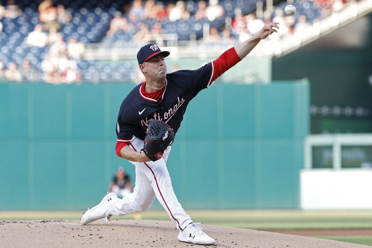 May 24, 2024; Washington, District of Columbia, USA; Washington Nationals pitcher MacKenzie Gore (1) pitches against the Seattle Mariners during the first inning at Nationals Park. Mandatory Credit: Geoff Burke-USA TODAY Sports