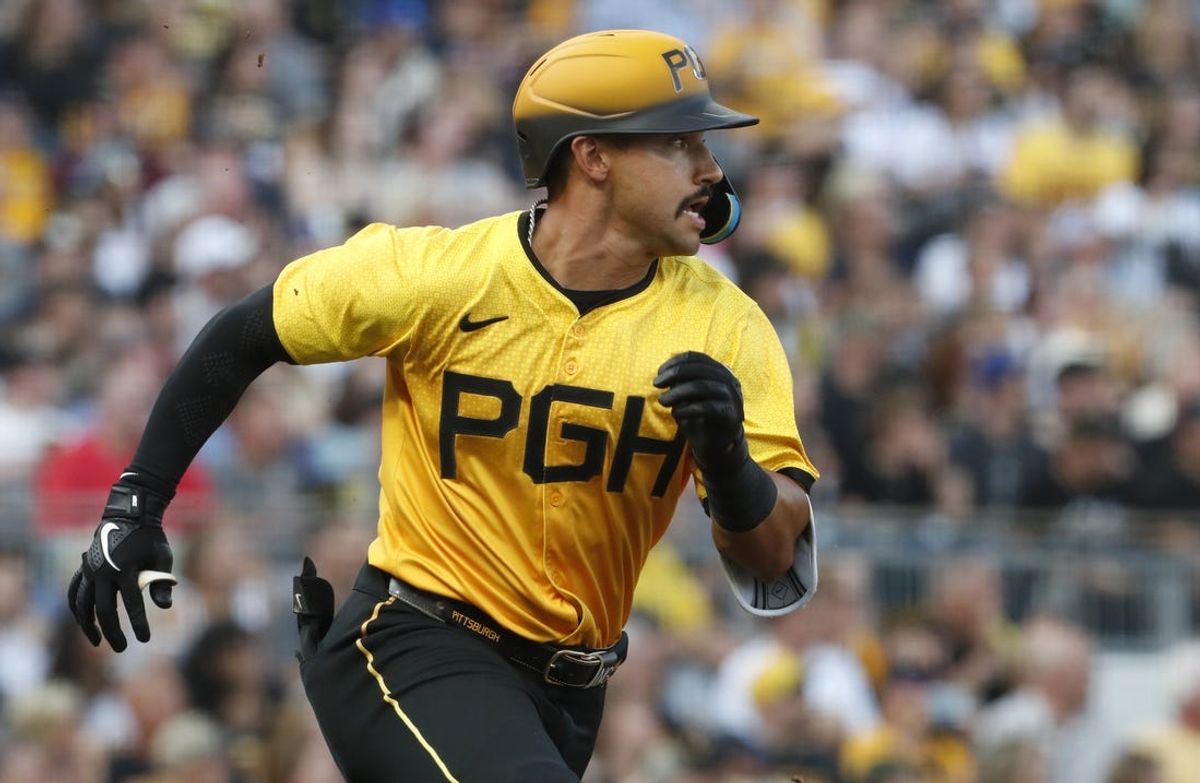 May 24, 2024; Pittsburgh, Pennsylvania, USA;  Pittsburgh Pirates second baseman Nick Gonzales (39) runs to first base with a two-run single against the Atlanta Braves during the first inning at PNC Park. Mandatory Credit: Charles LeClaire-USA TODAY Sports