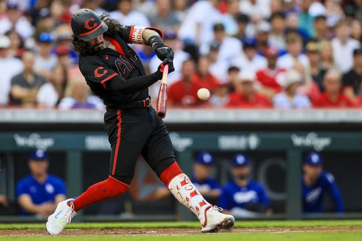 May 24, 2024; Cincinnati, Ohio, USA; Cincinnati Reds second baseman Jonathan India (6) hits a double against the Los Angeles Dodgers in the second inning at Great American Ball Park. Mandatory Credit: Katie Stratman-USA TODAY Sports