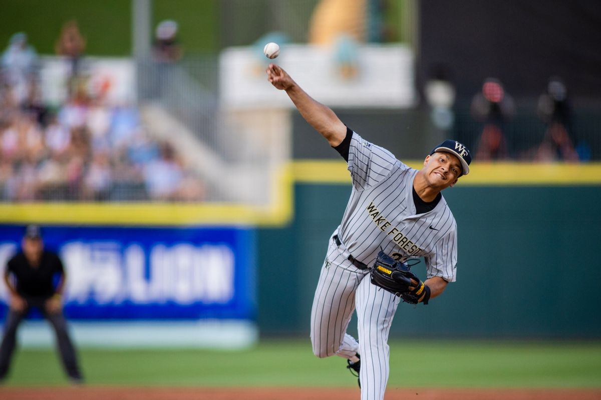 May 24, 2024; Charlotte, NC, USA; Wake Forest pitcher Chase Burns (29) starts against the North Carolina Tar Heels during the ACC Baseball Tournament at Truist Field. Mandatory Credit: Scott Kinser-USA TODAY Sports