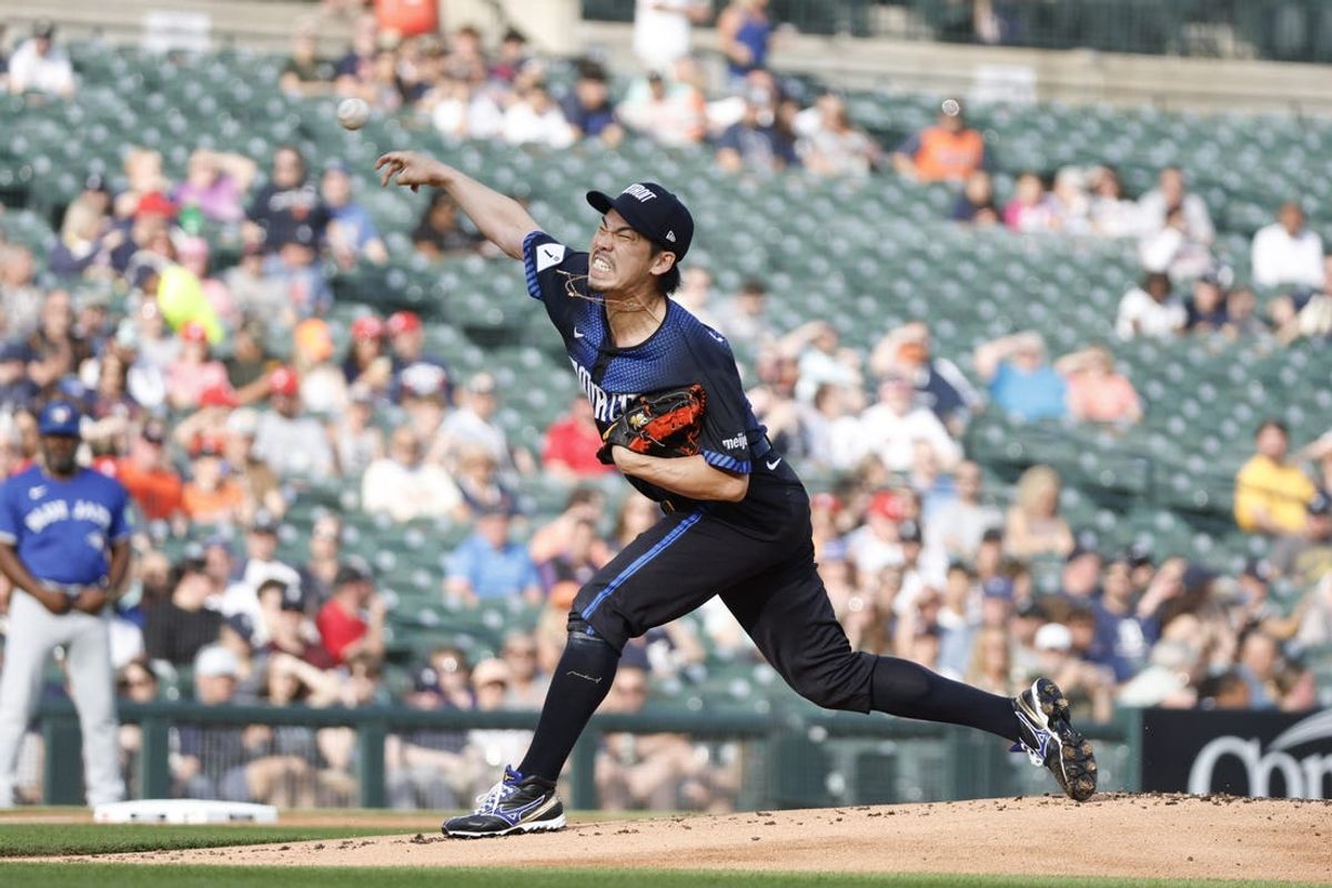 May 24, 2024; Detroit, Michigan, USA; Detroit Tigers pitcher Kenta Maeda (18) pitches during the first inning of the game against the Toronto Blue Jays at Comerica Park. Mandatory Credit: Brian Bradshaw Sevald-USA TODAY Sports
