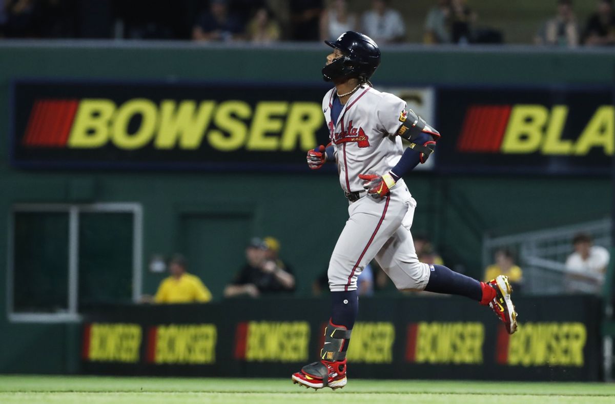 May 24, 2024; Pittsburgh, Pennsylvania, USA;  Atlanta Braves right fielder Ronald Acuna Jr. (13) circles the bases on a three-run home run against the Pittsburgh Pirates during the eighth inning at PNC Park. Mandatory Credit: Charles LeClaire-Imagn Images
