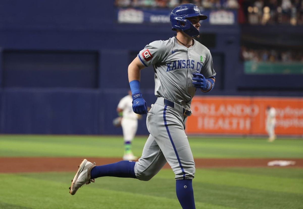 May 24, 2024; St. Petersburg, Florida, USA; Kansas City Royals second base Michael Massey (19) runs around the bases after he hit a three-run home run against the Tampa Bay Rays during the fifth inning at Tropicana Field. Mandatory Credit: Kim Klement Neitzel-USA TODAY Sports