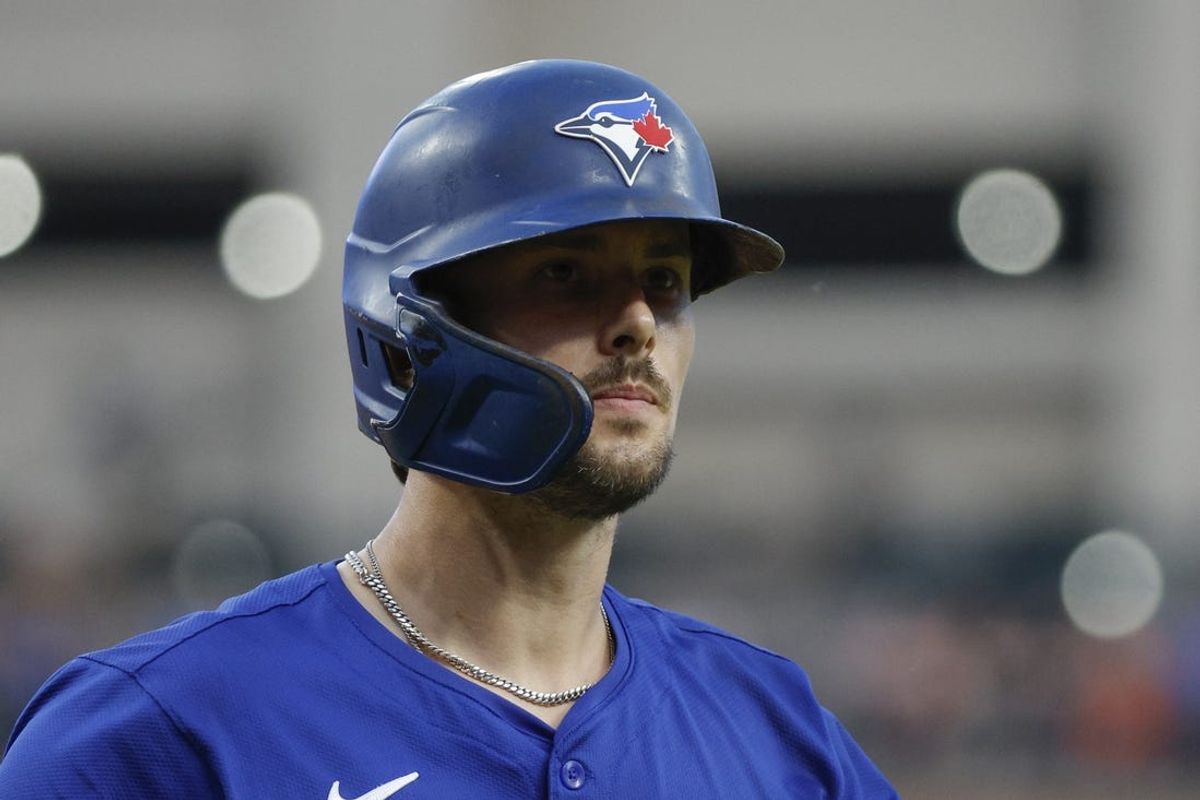 May 24, 2024; Detroit, Michigan, USA; Toronto Blue Jays second baseman Cavan Biggio (8) looks on after an at bat during the seventh inning of the game against the Detroit Tigers at Comerica Park. Mandatory Credit: Brian Bradshaw Sevald-USA TODAY Sports