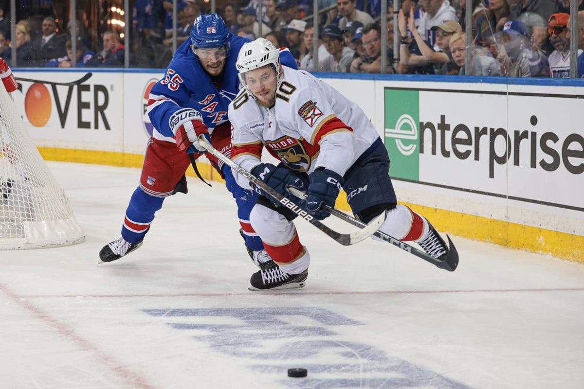 May 24, 2024; New York, New York, USA; Florida Panthers right wing Vladimir Tarasenko (10) battle sNew York Rangers defenseman Ryan Lindgren (55) for the puck during the third period in game two of the Eastern Conference Final of the 2024 Stanley Cup Playoffs at Madison Square Garden. Mandatory Credit: Vincent Carchietta-USA TODAY Sports
