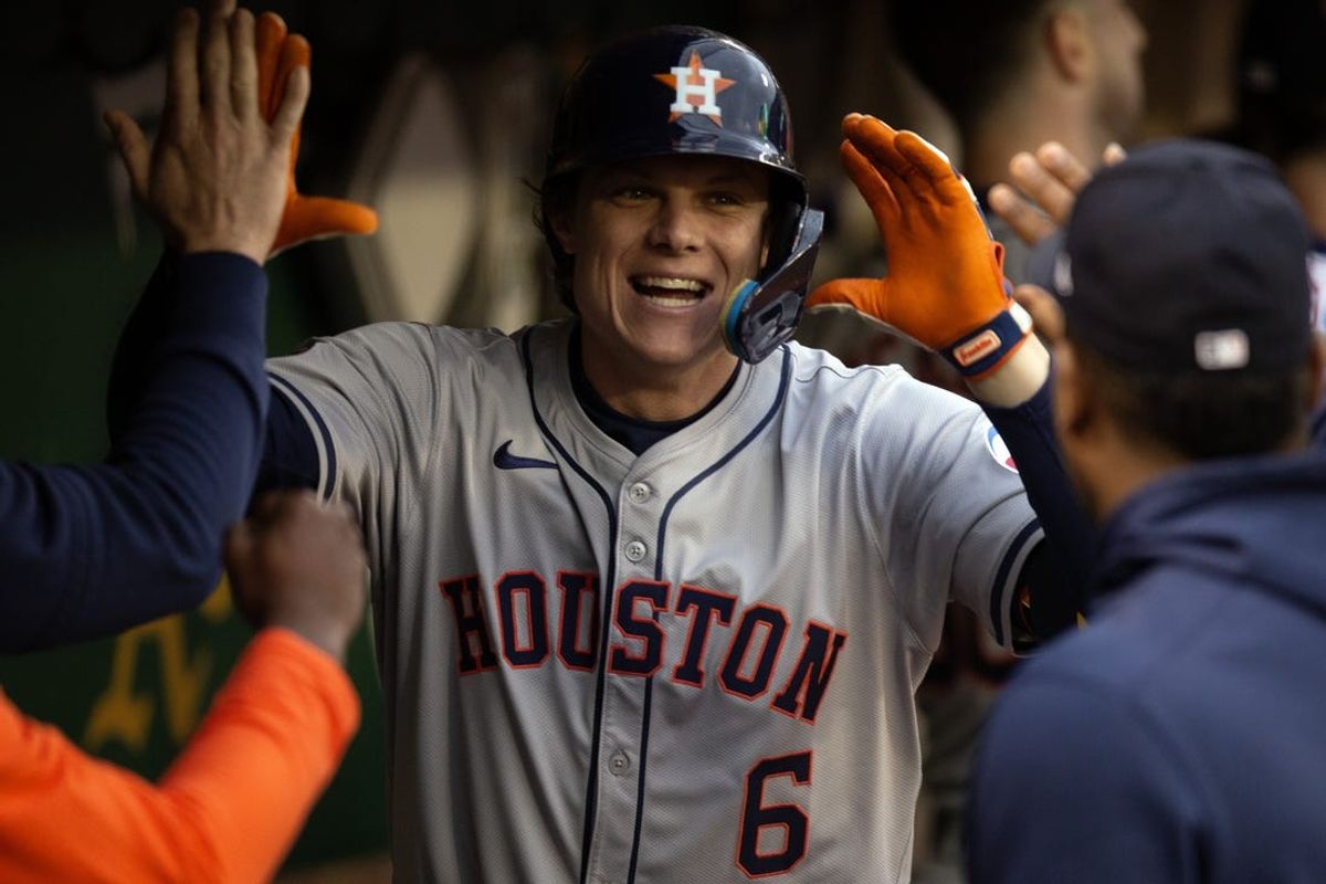 May 24, 2024; Oakland, California, USA; Houston Astros center fielder Jake Meyers (6) celebrates his three-run home run against the Oakland Athletics during the fourth inning at Oakland-Alameda County Coliseum. Mandatory Credit: D. Ross Cameron-USA TODAY Sports