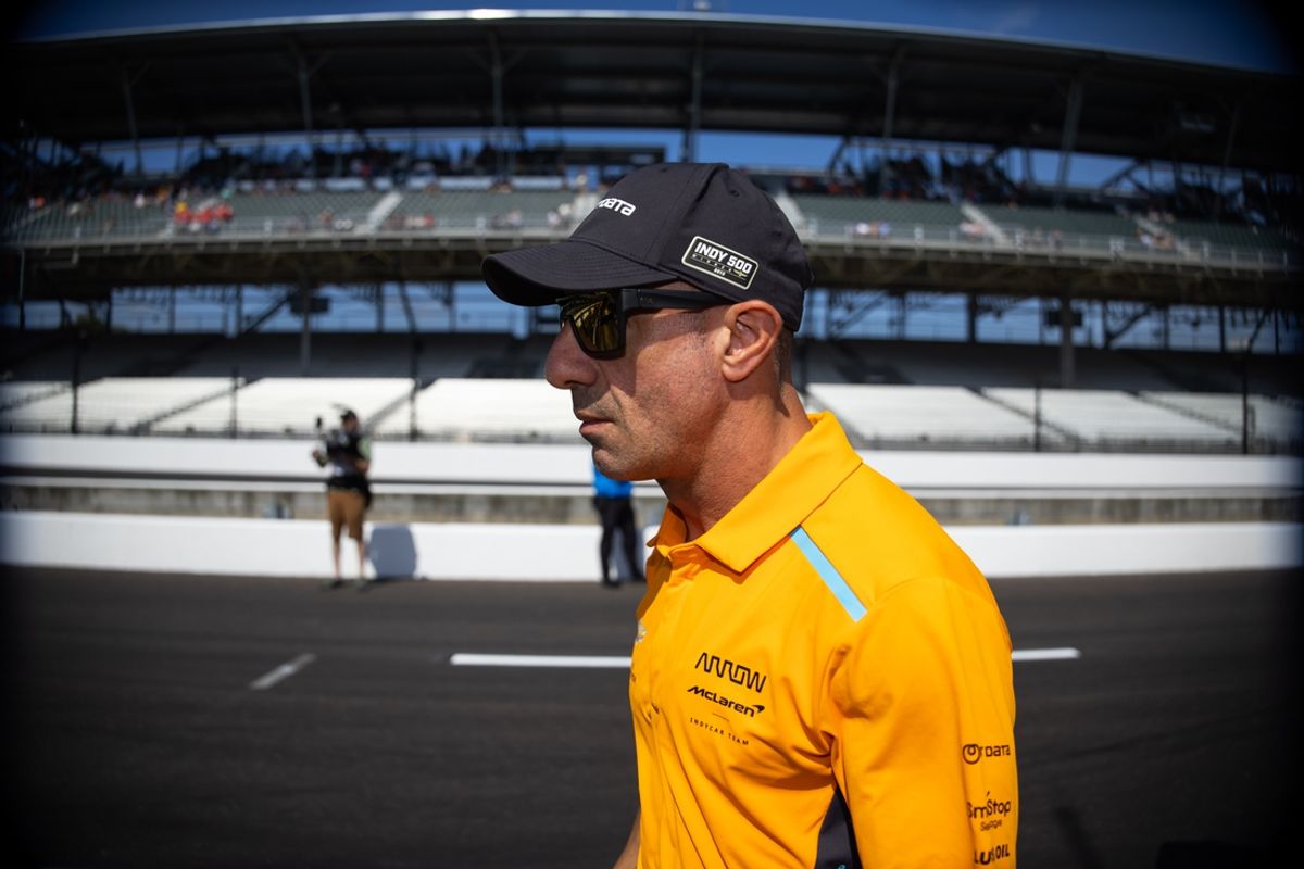 May 24, 2024; Indianapolis, Indiana, USA; IndyCar Series former driver Tony Kanaan during Carb Day final practice for the Indianapolis 500 at Indianapolis Motor Speedway. Mandatory Credit: Mark J. Rebilas-Imagn Images