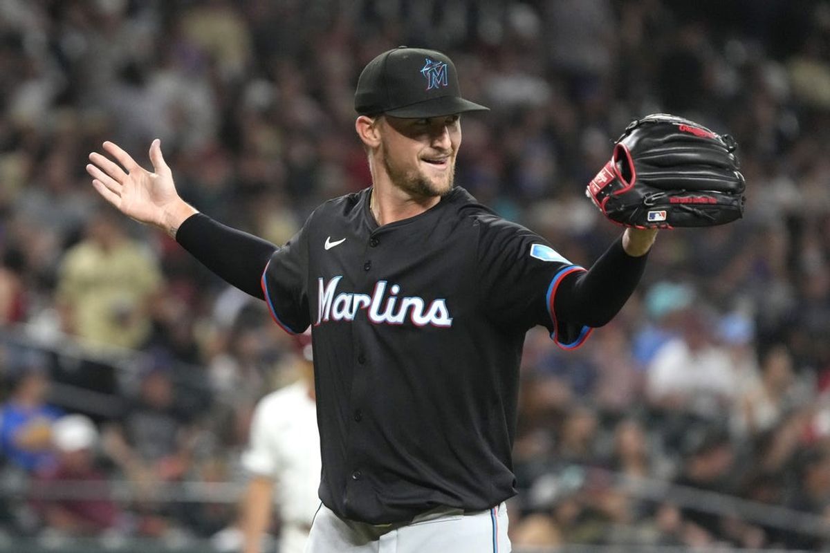 May 24, 2024; Phoenix, Arizona, USA; Miami Marlins pitcher Braxton Garrett (29) reacts after defeating the Arizona Diamondbacks at Chase Field. Mandatory Credit: Rick Scuteri-USA TODAY Sports