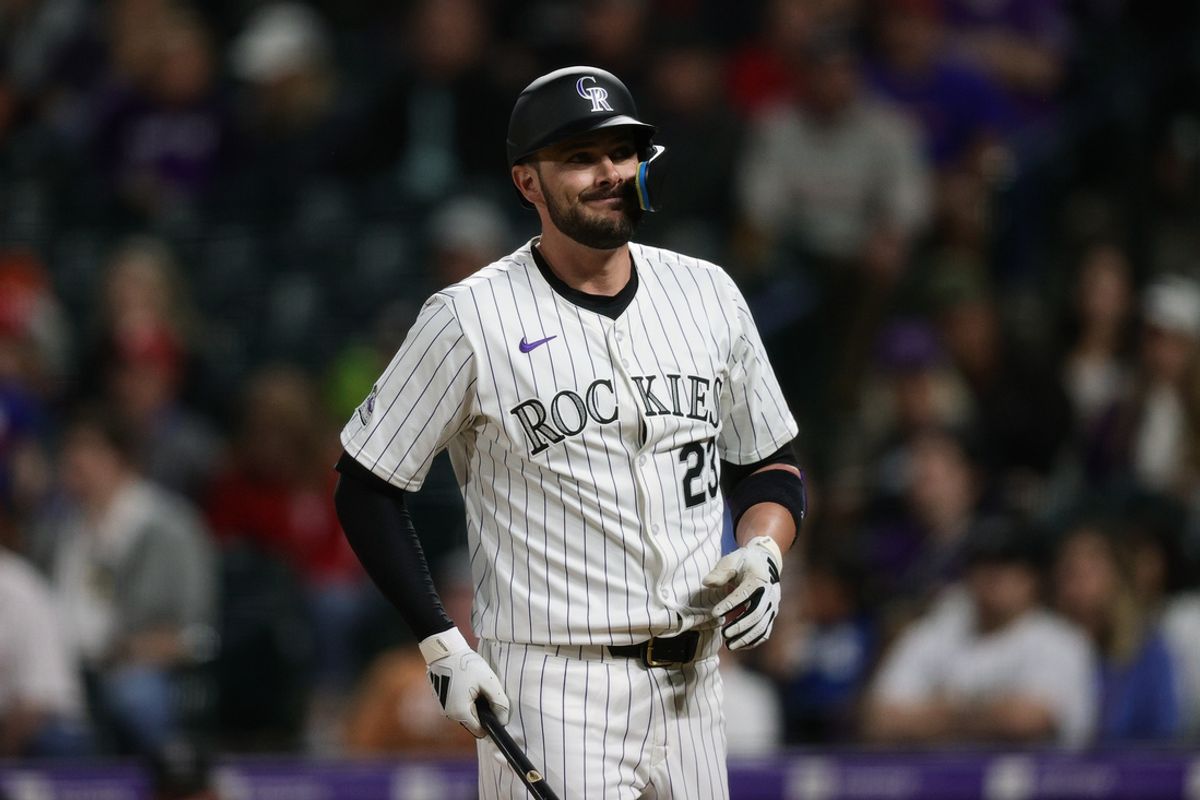 May 24, 2024; Denver, Colorado, USA; Colorado Rockies designated hitter Kris Bryant (23) reacts after a pitch in the tenth inning against the Philadelphia Phillies at Coors Field. Mandatory Credit: Isaiah J. Downing-USA TODAY Sports