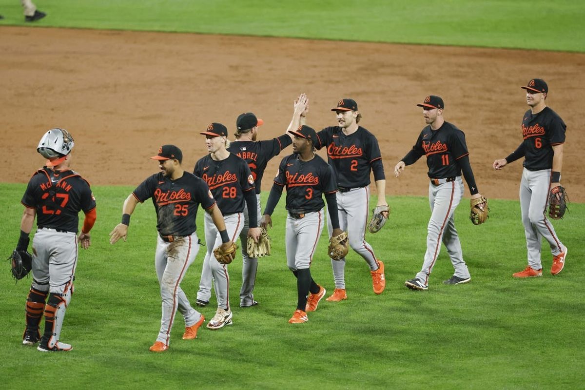 May 24, 2024; Chicago, Illinois, USA; Baltimore Orioles players celebrate after defeating the Chicago White Sox at Guaranteed Rate Field. Mandatory Credit: Kamil Krzaczynski-USA TODAY Sports
