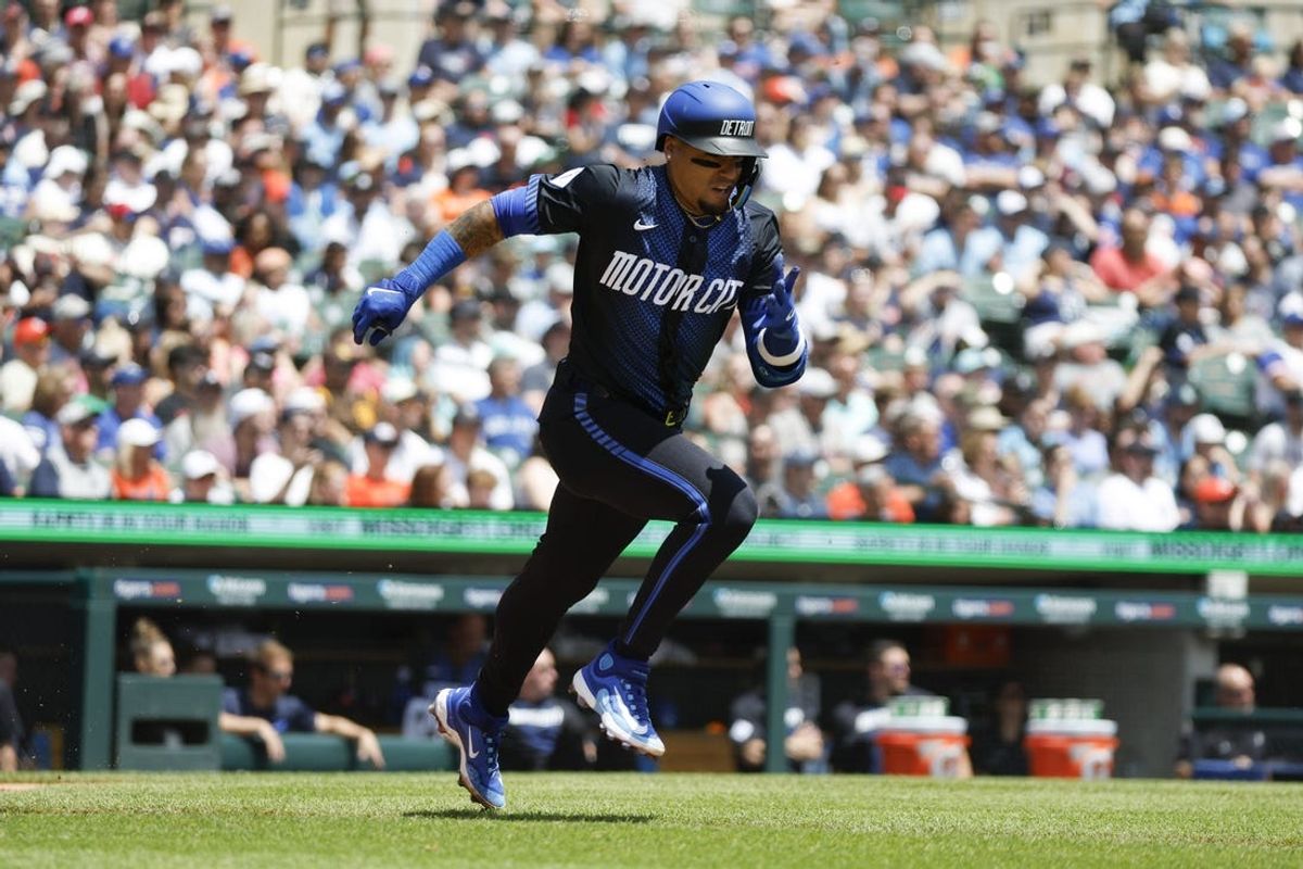 May 25, 2024; Detroit, Michigan, USA; Detroit Tigers shortstop Javier Báez (28) hits during the second inning of the game against the Toronto Blue Jays at Comerica Park. Mandatory Credit: Brian Bradshaw Sevald-USA TODAY Sports