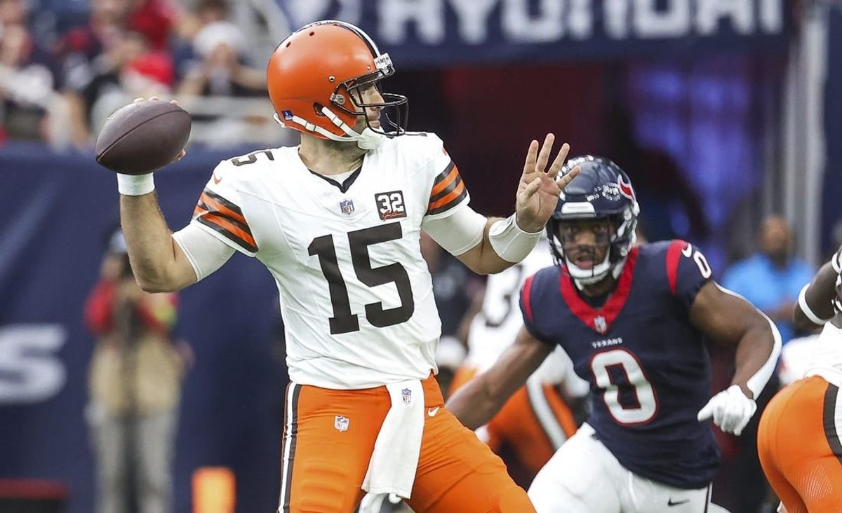 Dec 24, 2023; Houston, Texas, USA; Cleveland Browns quarterback Joe Flacco (15) attempts a pass during the fourth quarter against the Houston Texans at NRG Stadium.