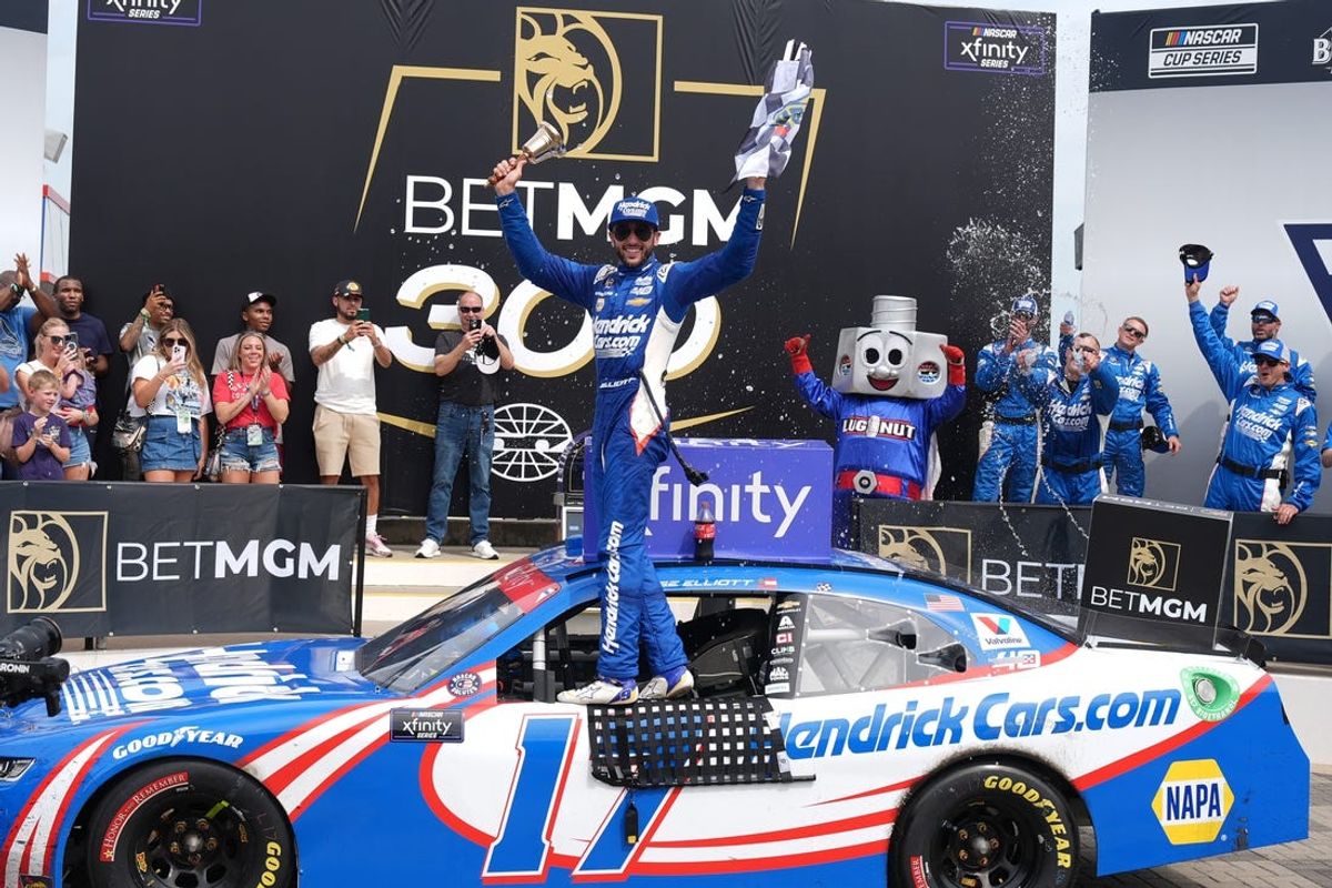 May 25, 2024; Concord, North Carolina, USA; NASCAR Cup Series driver Chase Elliott (17) celebrates in victory lane after winning the BETMGM 300 at Charlotte Motor Speedway. Mandatory Credit: Jim Dedmon-USA TODAY Sports