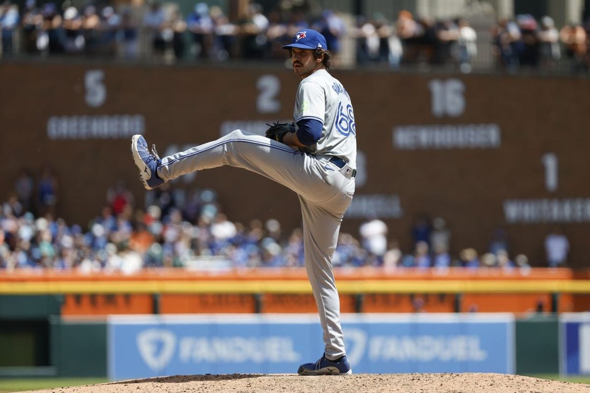 May 25, 2024; Detroit, Michigan, USA; Toronto Blue Jays pitcher Jordan Romano (68) pitches during the eighth inning of the game against the Detroit Tigers at Comerica Park. Mandatory Credit: Brian Bradshaw Sevald-USA TODAY Sports
