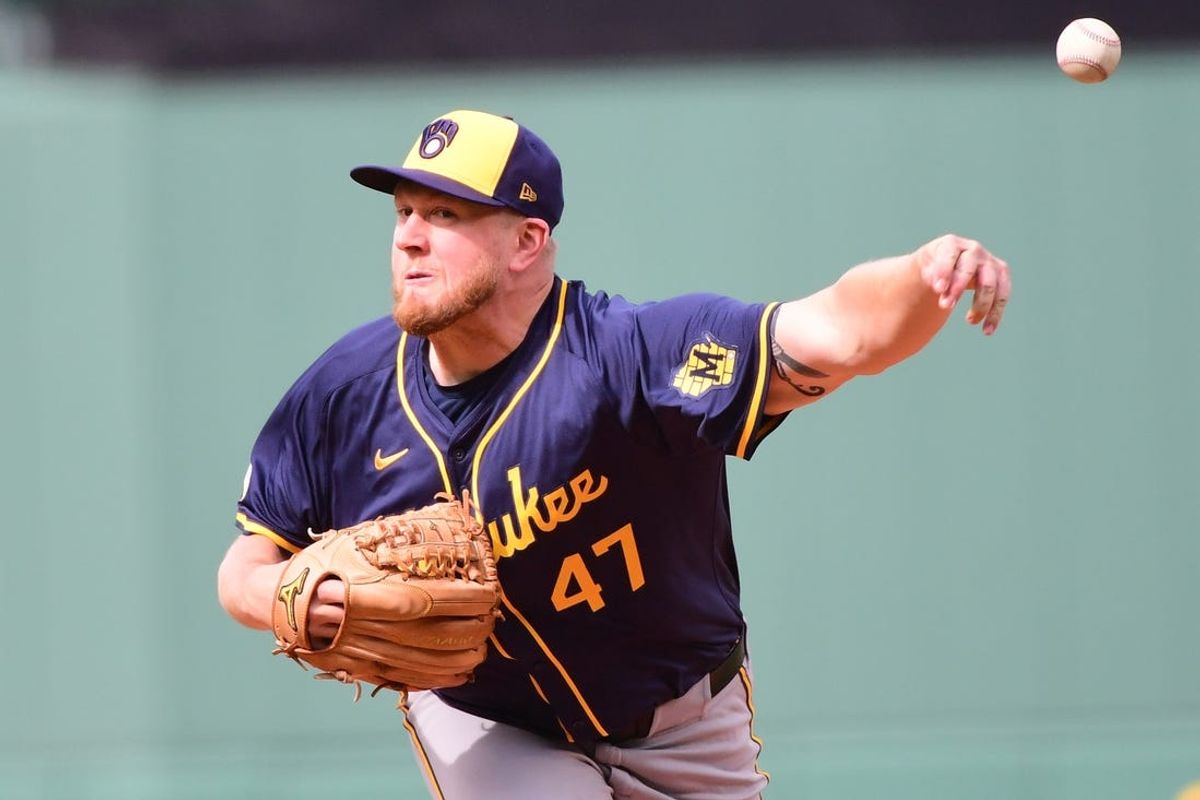 May 25, 2024; Boston, Massachusetts, USA;  Milwaukee Brewers starting pitcher Jared Koenig (47) pitches during the first inning against the Boston Red Sox at Fenway Park. Mandatory Credit: Bob DeChiara-USA TODAY Sports