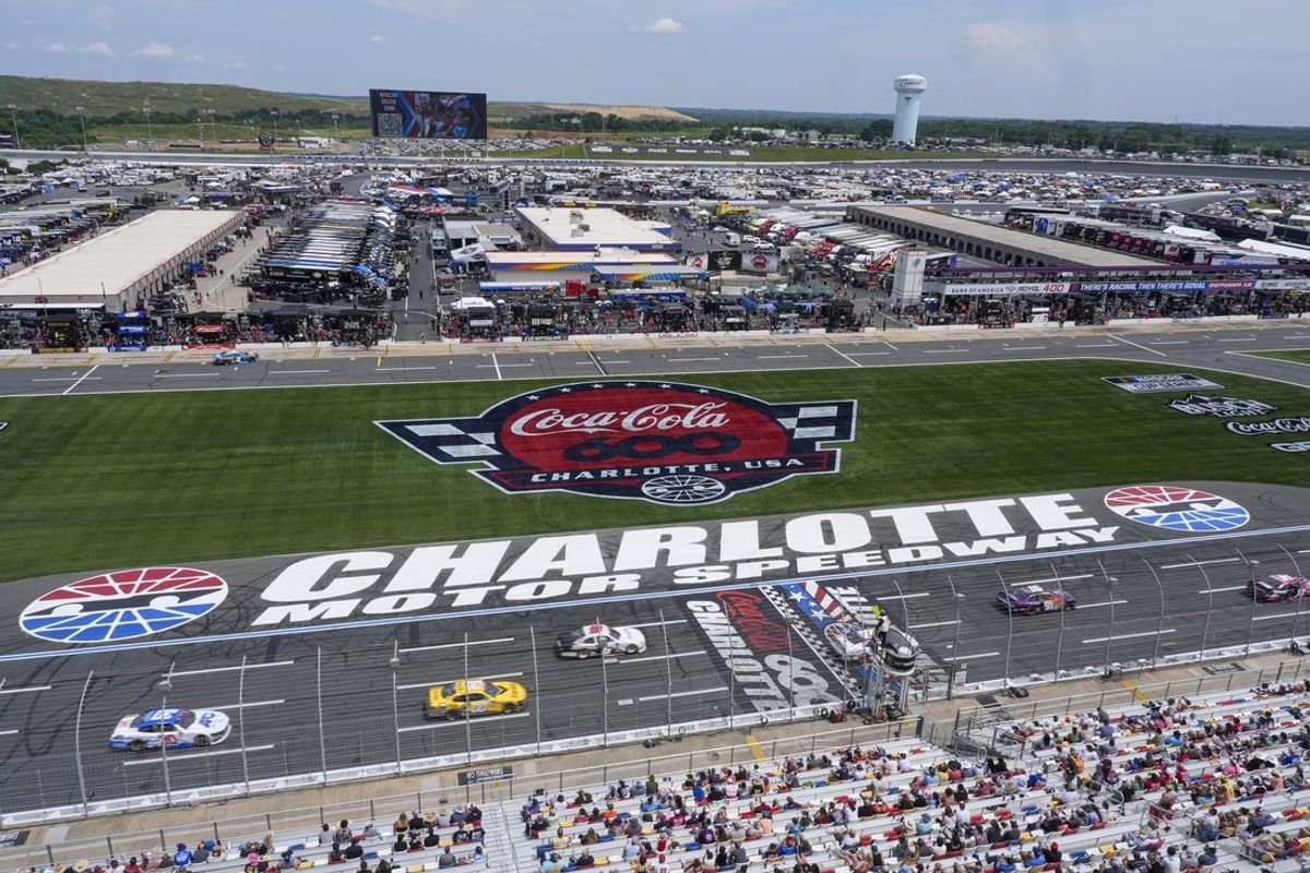 May 25, 2024; Concord, North Carolina, USA; View from the press box roof during the BETMGM 300 at Charlotte Motor Speedway. Mandatory Credit: Jim Dedmon-Imagn Images