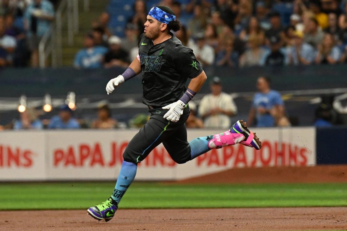 May 25, 2024; St. Petersburg, Florida, USA; Tampa Bay Rays first baseman Jonathan Aranda (62) doubles in the second inning against the Kansas City Royals at Tropicana Field. Mandatory Credit: Jonathan Dyer-USA TODAY Sports