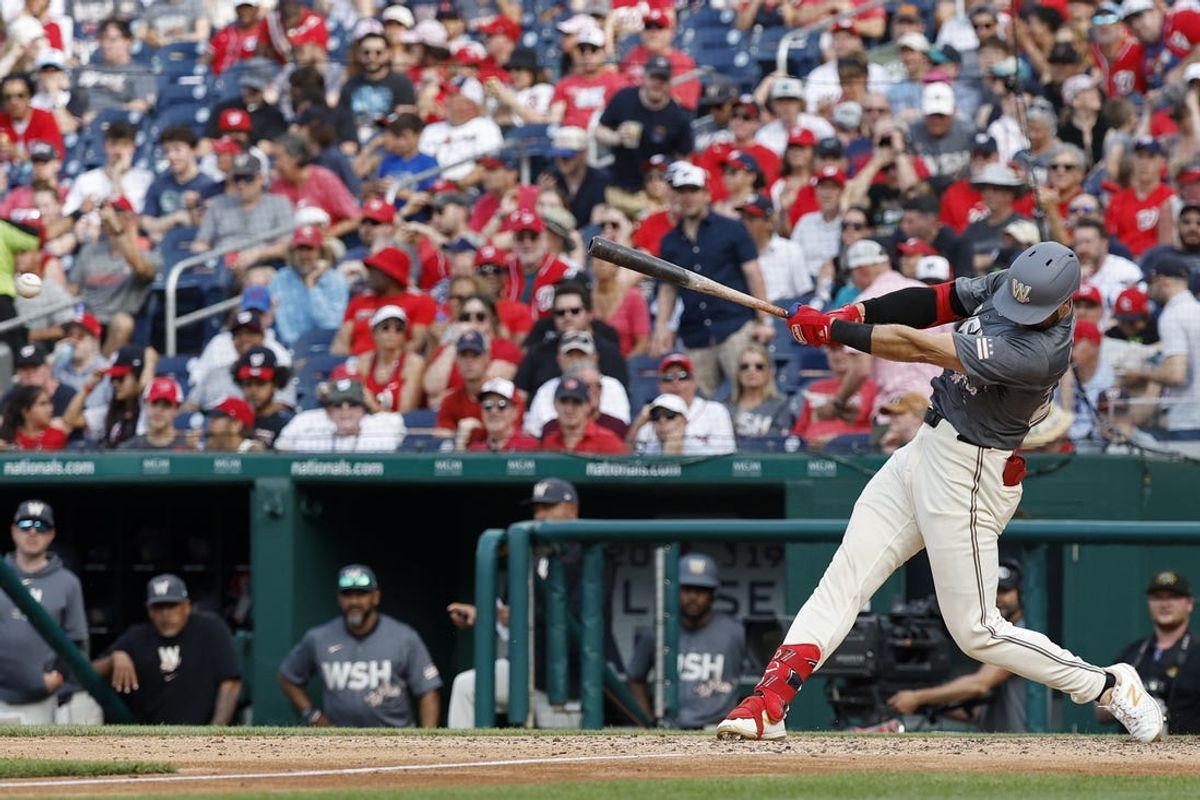 May 25, 2024; Washington, District of Columbia, USA; Washington Nationals first baseman Joey Gallo (24) hits an RBI single against the Seattle Mariners during the seventh inning at Nationals Park. Mandatory Credit: Geoff Burke-USA TODAY Sports