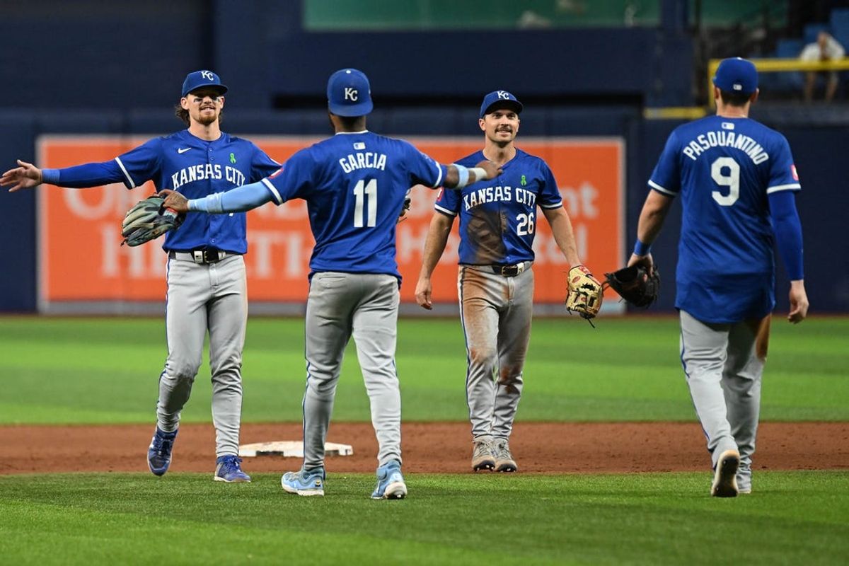 May 25, 2024; St. Petersburg, Florida, USA; Members of the Kansas City Royals celebrate after defeating the Tampa Bay Rays at Tropicana Field. Mandatory Credit: Jonathan Dyer-USA TODAY Sports