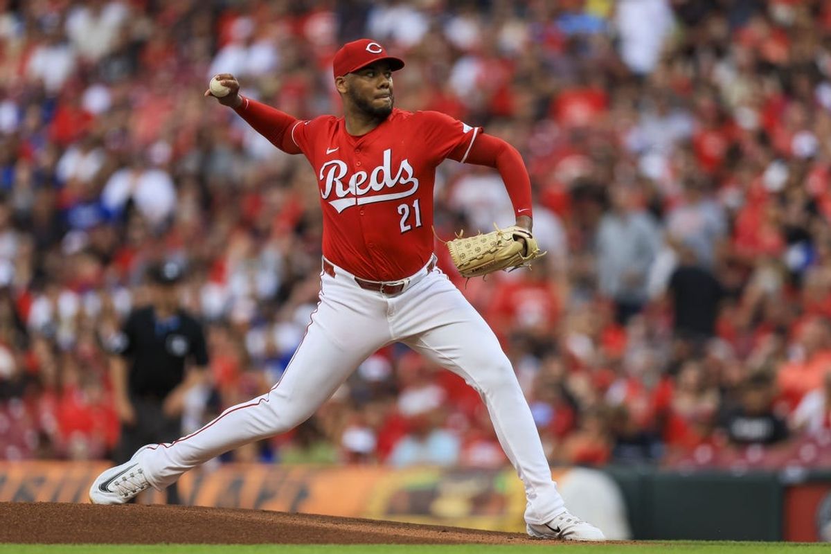 May 25, 2024; Cincinnati, Ohio, USA; Cincinnati Reds starting pitcher Hunter Greene (21) pitches against the Los Angeles Dodgers in the first inning at Great American Ball Park. Mandatory Credit: Katie Stratman-USA TODAY Sports