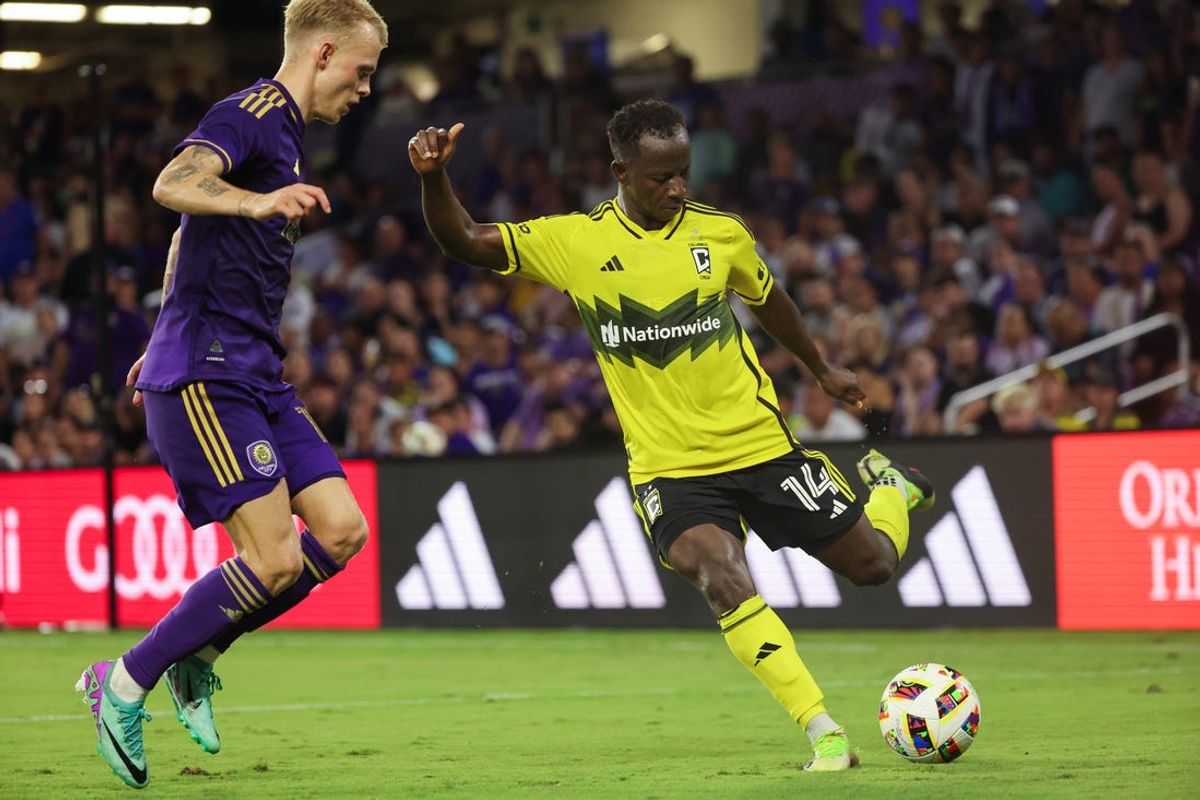 oMay 25, 2024; Orlando, Florida, USA; Columbus Crew midfielder Yaw Yeboah (14) passes the ball during the first half against Orlando City at Inter&Co Stadium. Mandatory Credit: Kim Klement Neitzel-USA TODAY Sports