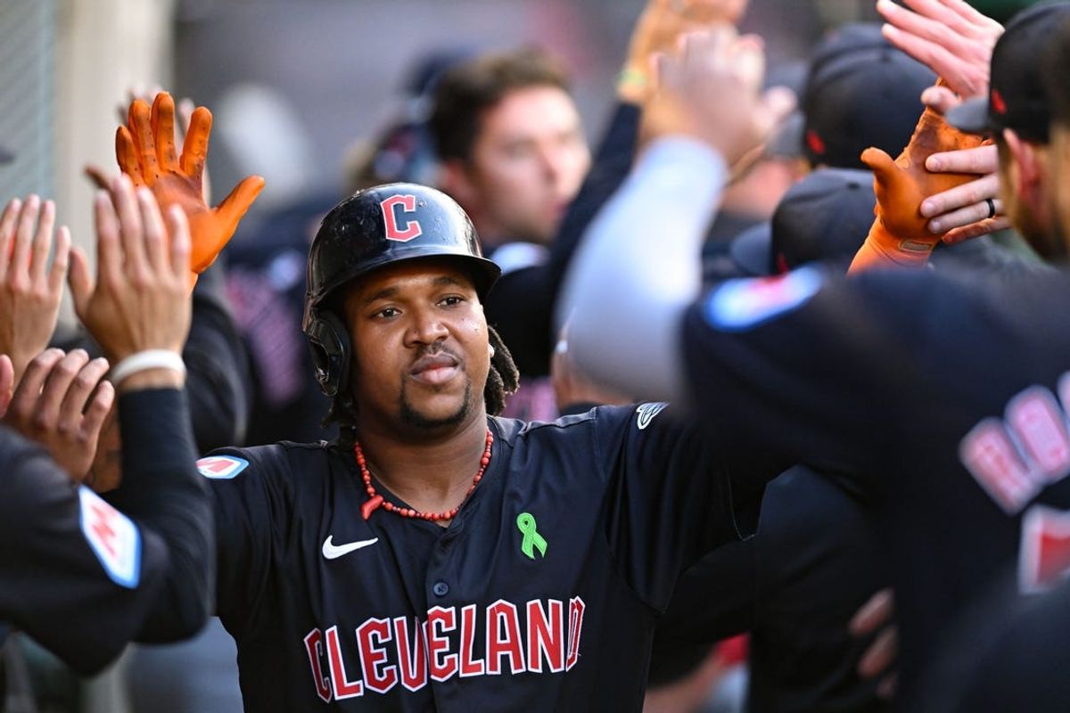 May 25, 2024; Anaheim, California, USA; Cleveland Guardians third baseman Jose Ramirez (11) celebrates after hitting a two-run home run against the Los Angeles Angels during the third inning at Angel Stadium. Mandatory Credit: Jonathan Hui-USA TODAY Sports