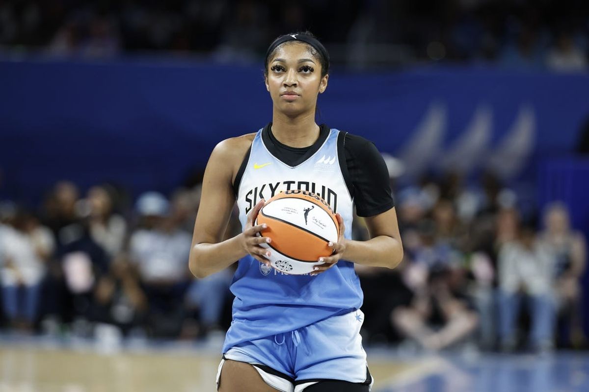 May 25, 2024; Chicago, Illinois, USA; Chicago Sky forward Angel Reese (5) looks to shoot a free throw against the Connecticut Sun during the second half of a WNBA game at Wintrust Arena. Mandatory Credit: Kamil Krzaczynski-USA TODAY Sports