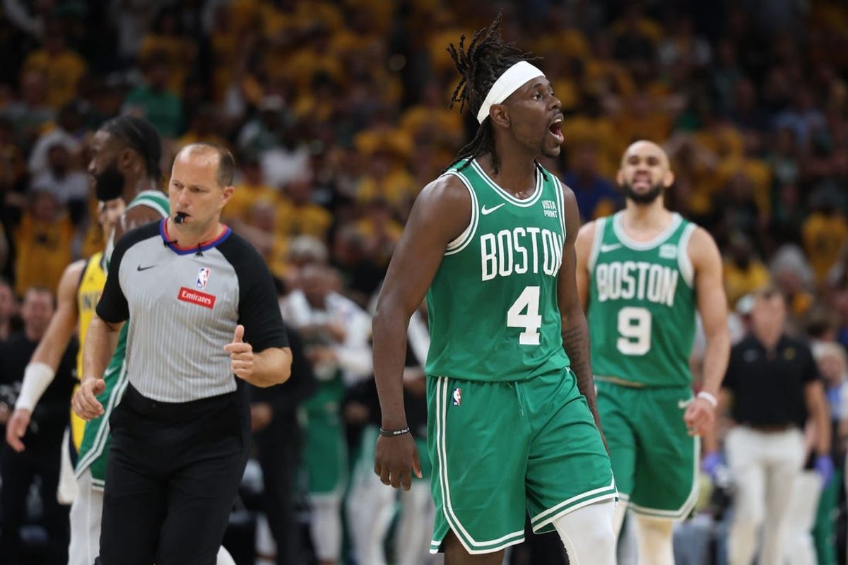 May 25, 2024; Indianapolis, Indiana, USA; Boston Celtics guard Jrue Holiday (4) reacts after drawing a foul against the Indiana Pacers in the closing seconds of the fourth quarter of game three of the eastern conference finals in the 2024 NBA playoffs at Gainbridge Fieldhouse. Mandatory Credit: Trevor Ruszkowski-USA TODAY Sports