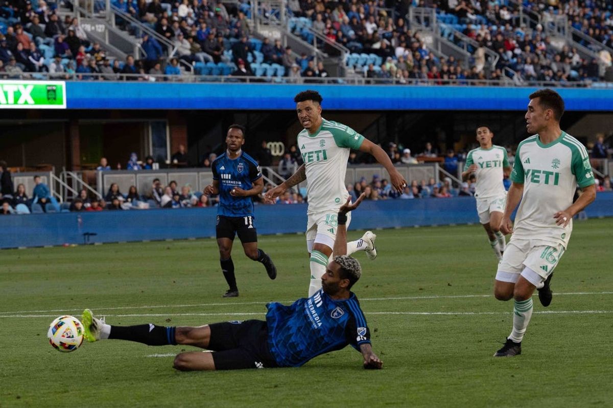 May 25, 2024; San Jose, California, USA; San Jose Earthquakes forward Amahl Pellegrino (9) plays the ball in the first half against the Austin FC at PayPal Park. Mandatory Credit: Stan Szeto-USA TODAY Sports