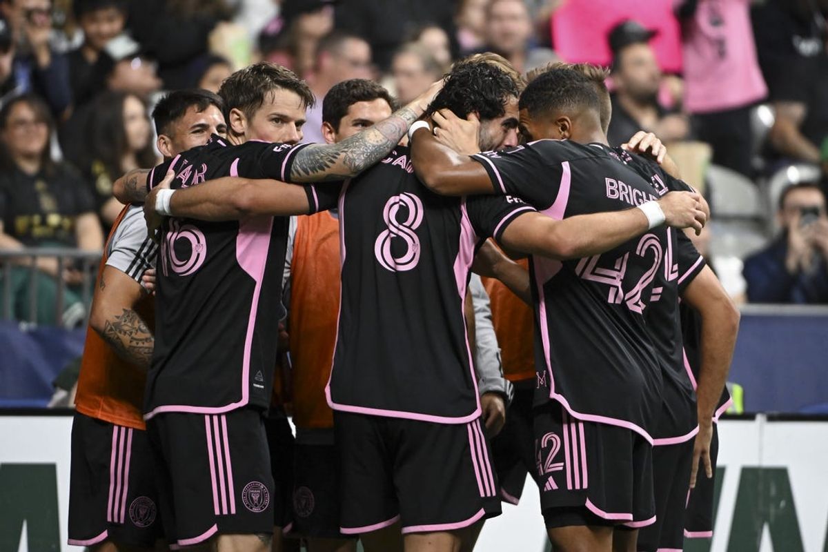 May 25, 2024; Vancouver, British Columbia, CAN; Inter Miami CF forward Leo Campana (8) celebrates scoring with teammates during the second half against Vancouver Whitecaps FC at BC Place. Mandatory Credit: Anne-Marie Sorvin-USA TODAY Sports