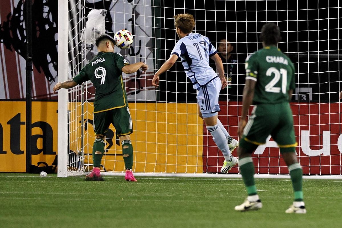 May 25, 2024; Portland, Oregon, USA; Portland Timbers forward Felipe Mora (9) scores a goal during the second half against Sporting Kansas City at Providence Park. Mandatory Credit: Soobum Im-USA TODAY Sports