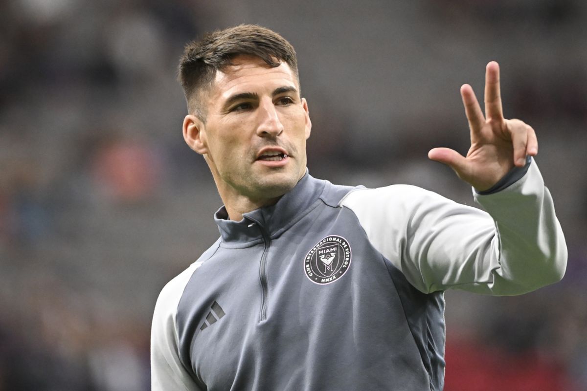May 25, 2024; Vancouver, British Columbia, CAN; Inter Miami CF defender Franco Negri (33) gestures prior to their match against Vancouver Whitecaps FC at BC Place. Mandatory Credit: Anne-Marie Sorvin-Imagn Images