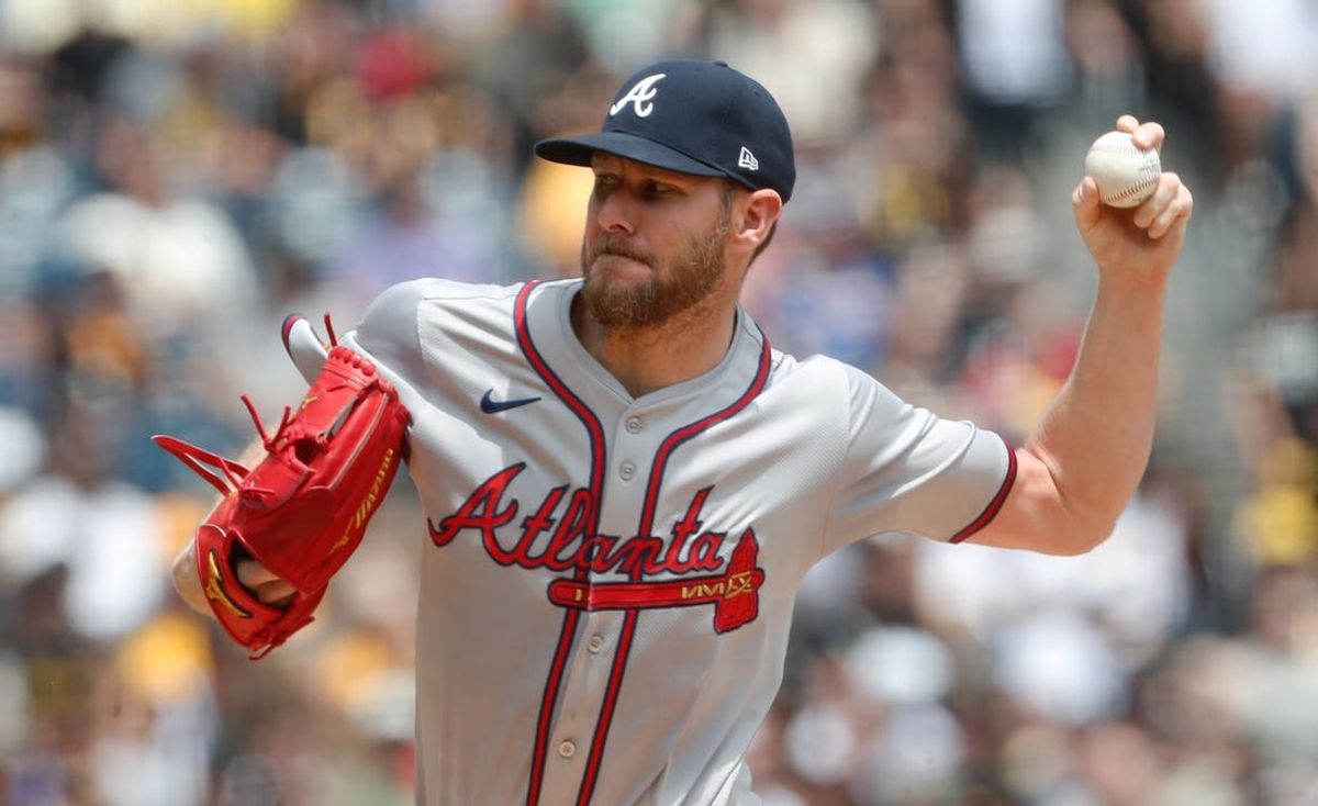 May 26, 2024; Pittsburgh, Pennsylvania, USA;  Atlanta Braves starting pitcher Chris Sale (51) delivers a pitch against the Pittsburgh Pirates during the first inning at PNC Park. Mandatory Credit: Charles LeClaire-USA TODAY Sports