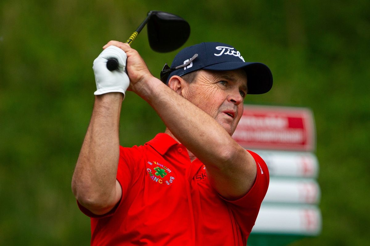 Greg Chalmers plays his tee shot on the 15th hole during the final round of the 2024 KitchenAid Senior PGA Championship at Harbor Shores Golf Club on Sunday, May 26, 2024, in Benton Harbor, MI.