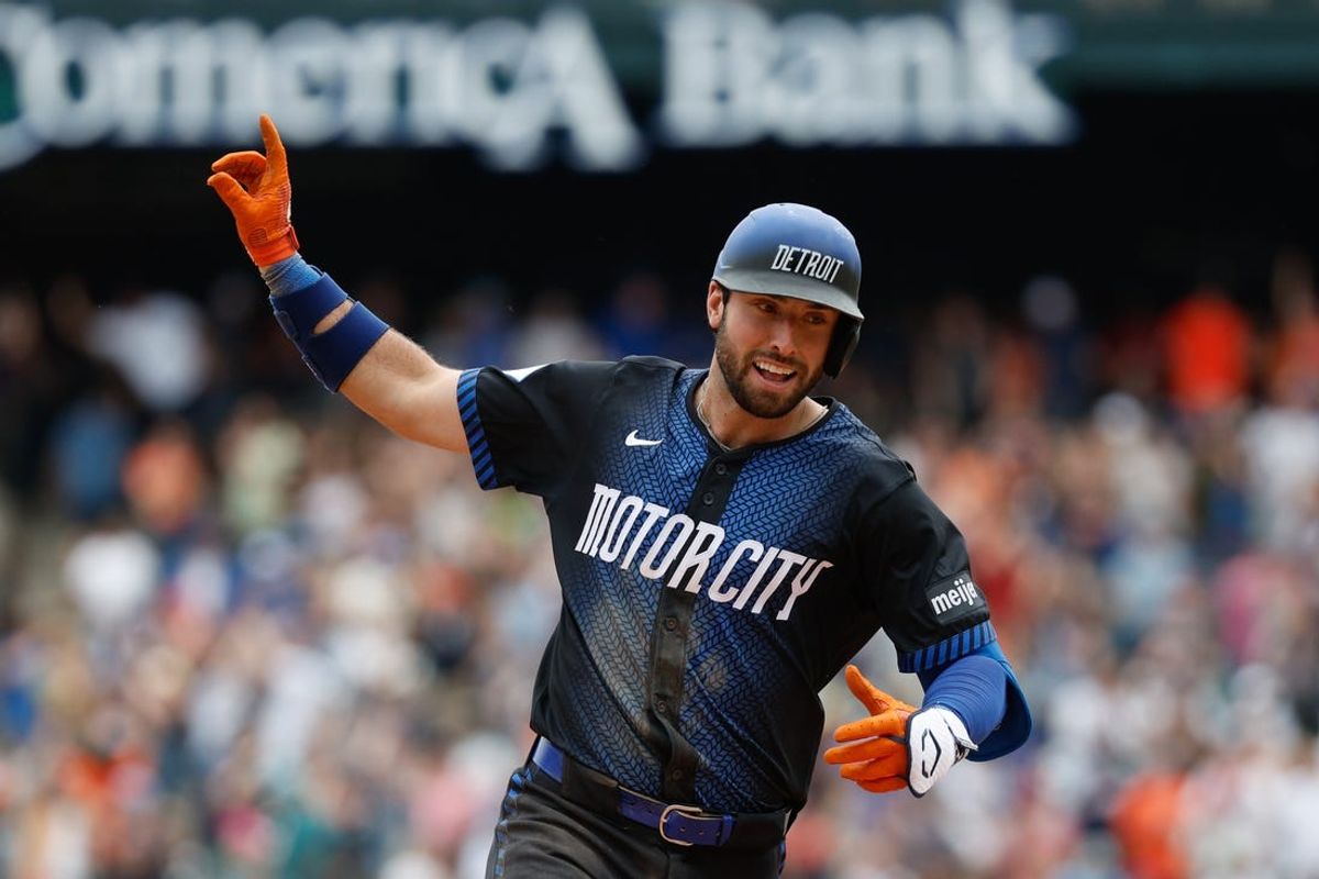 May 26, 2024; Detroit, Michigan, USA; Detroit Tigers center fielder Matt Vierling (8) rounds the bases after hitting a game winning home run in the ninth inning of the game against the Toronto Blue Jays at Comerica Park. Mandatory Credit: Brian Bradshaw Sevald-USA TODAY Sports
