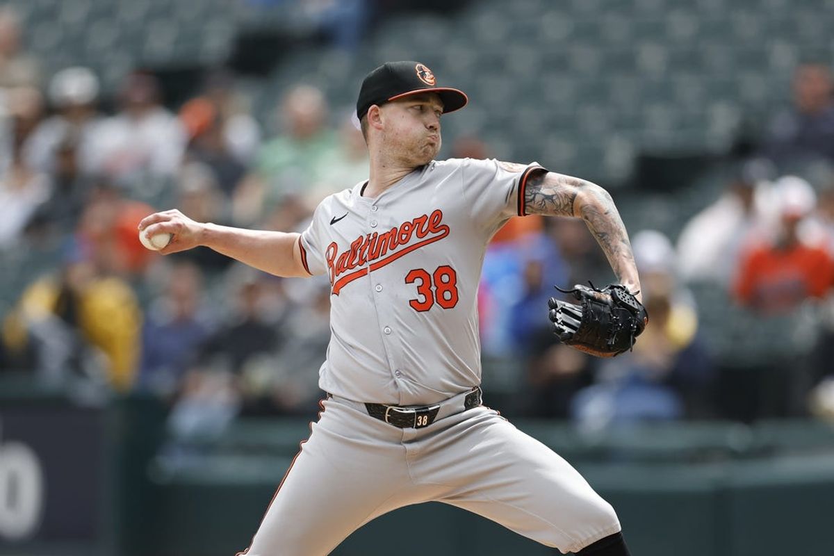 May 26, 2024; Chicago, Illinois, USA; Baltimore Orioles starting pitcher Kyle Bradish (38) delivers a pitch against the Chicago White Sox during the first inning at Guaranteed Rate Field. Mandatory Credit: Kamil Krzaczynski-USA TODAY Sports