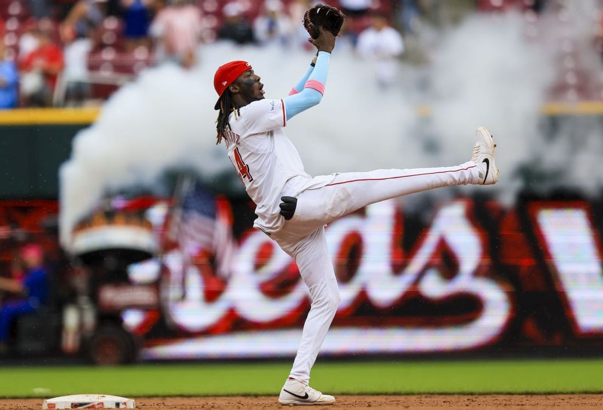 May 26, 2024; Cincinnati, Ohio, USA; Cincinnati Reds shortstop Elly De La Cruz (44) reacts after the victory over the Los Angeles Dodgers at Great American Ball Park. Mandatory Credit: Katie Stratman-USA TODAY Sports