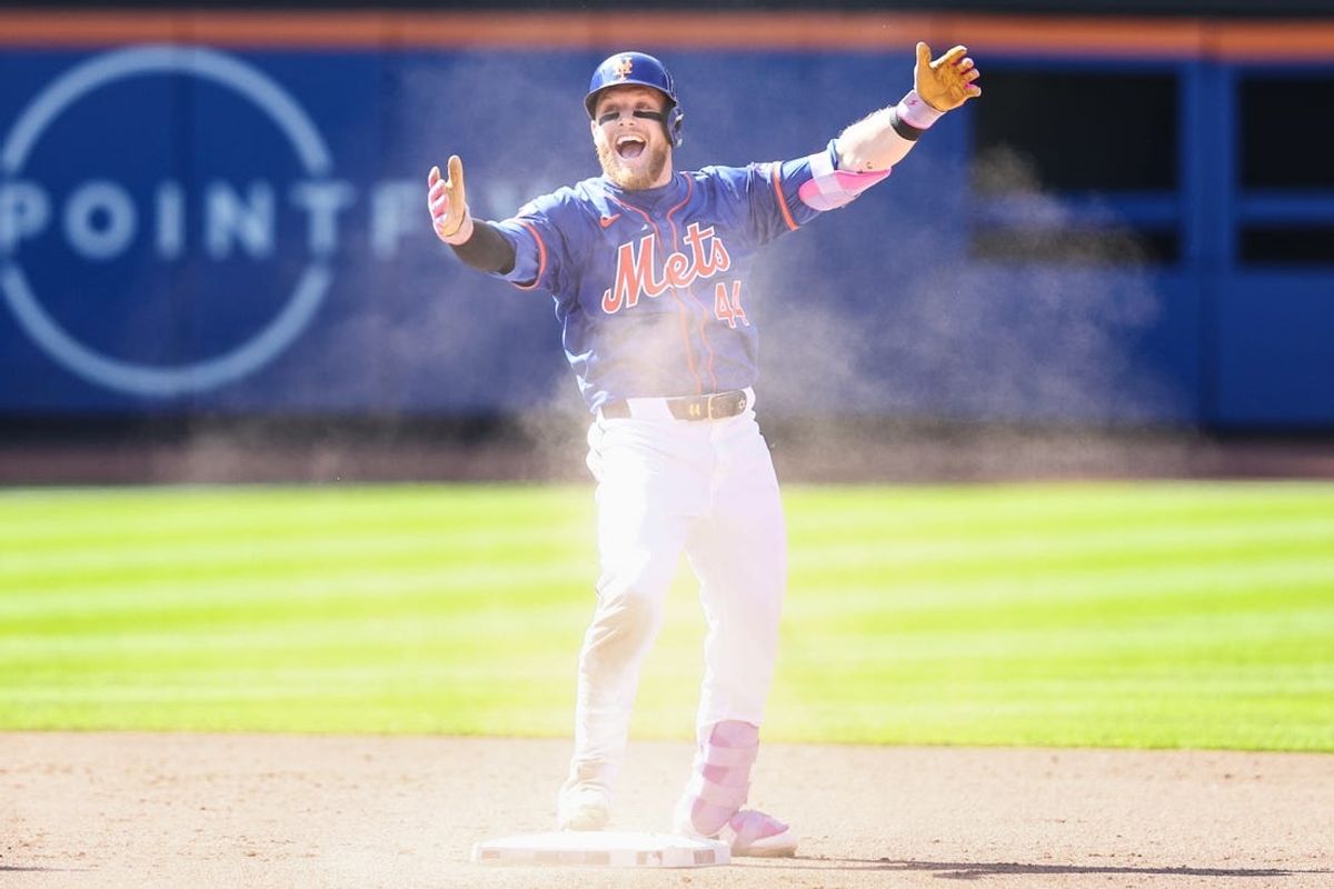 May 26, 2024; New York City, New York, USA;  New York Mets center fielder Harrison Bader (44) celebrates after hitting a game tying two run double in the ninth inning against the San Francisco Giants at Citi Field. Mandatory Credit: Wendell Cruz-USA TODAY Sports